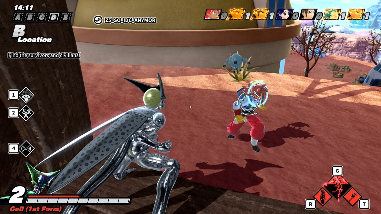 Gameplay screen - Cell in his first form stalking a survivor in Dragon Ball: The Breakers on PC Steam, preparing to strike in this intense asymmetric survival game. Outsmart the Raider and escape—get your digital CD key at RushGame.co today