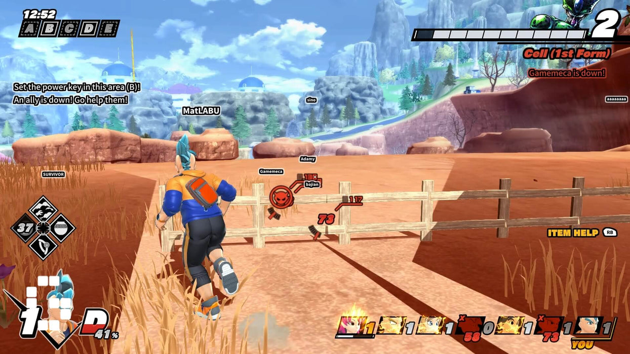 Gameplay screenshot - A survivor runs through a vast desert environment in Dragon Ball: The Breakers on PC Steam, attempting to escape the powerful Raider while setting a power key. Join the battle for survival—buy your Steam CD key now at RushGame.co for instant access