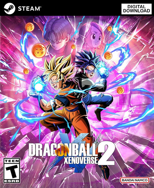 cover art for Dragon Ball Xenoverse 2 PC Steam CD Key, featuring Goku and a custom Time Patroller character in a dynamic battle pose, surrounded by electrifying energy effects. Get your game key instantly at RushGame.co