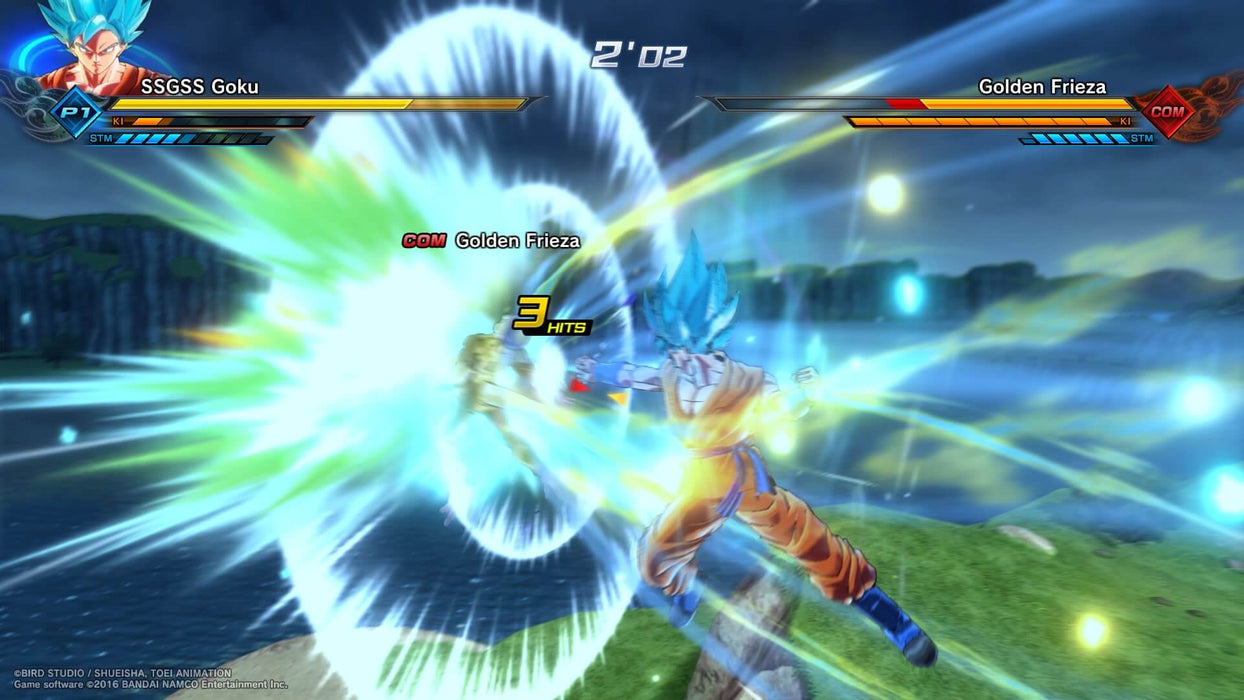 In-game screenshot from DRAGON BALL XENOVERSE showing SSGSS Goku delivering a powerful energy punch to Golden Frieza during a high-intensity battle, showcasing stunning visual effects and fast-paced combat. Buy the Xbox One CD Key for DRAGON BALL XENOVERSE Super Bundle now at RushGame.co for instant access to epic anime fighting action