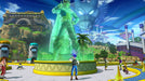 The futuristic hub area in DRAGON BALL XENOVERSE, with a player character standing proudly in front of a glowing green holographic statue and a massive Shenron image in the sky. Explore dynamic open hubs when you get the DRAGON BALL XENOVERSE Super Bundle Xbox One CD Key from RushGame.co