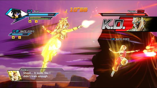 Gameplay screen - A dramatic battle moment in Dragon Ball Xenoverse for Xbox One, where a glowing Super Saiyan character is unleashing a powerful energy blast against Vegeta. Get your game key instantly from RushGame.co