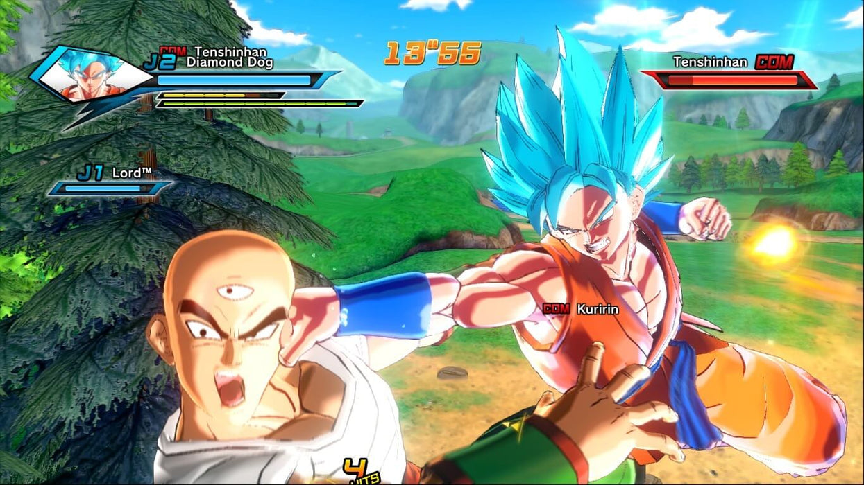 Gameplay screenshot - Close-up action shot from Dragon Ball Xenoverse, featuring Super Saiyan Blue Goku landing a powerful punch on Tenshinhan in a stunning 3D battle arena. Unlock your adventure today with an Xbox One CD key from RushGame.co