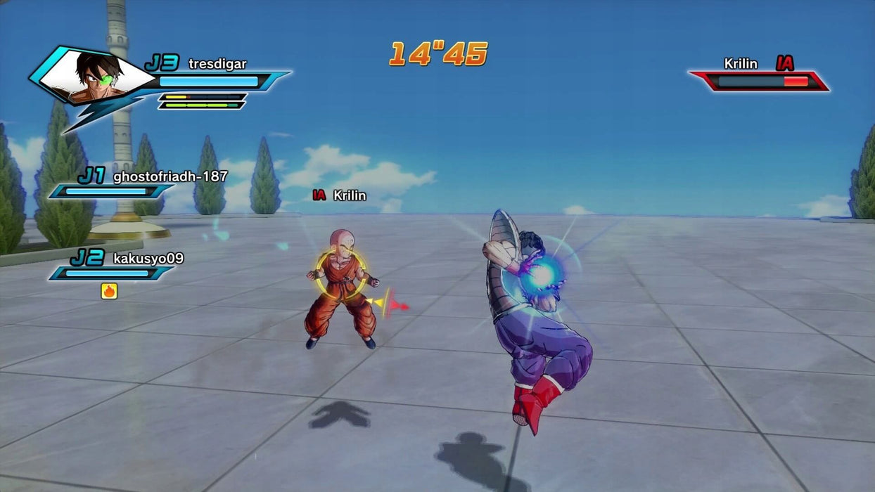 Game screenshot - Multiplayer battle scene from Dragon Ball Xenoverse on Xbox One, showing a custom character charging a Kamehameha attack while fighting Krillin. Experience high-energy combat and create your own warrior—available at RushGame.co