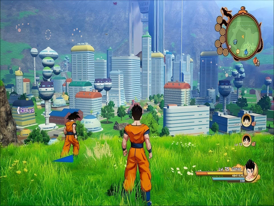 Game screenshot - A stunning view of a futuristic city in DRAGON BALL Z: Kakarot, with Goku and Gohan overlooking the landscape. Relive the epic battles of the Saiyan saga—buy your game key now at RushGame.co
