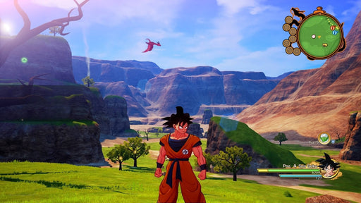 In-game screenshot from DRAGON BALL Z: Kakarot, showing Goku standing in an open-world environment with mountains and a flying dragon in the distance. Experience the ultimate DBZ adventure—available now at RushGame.co