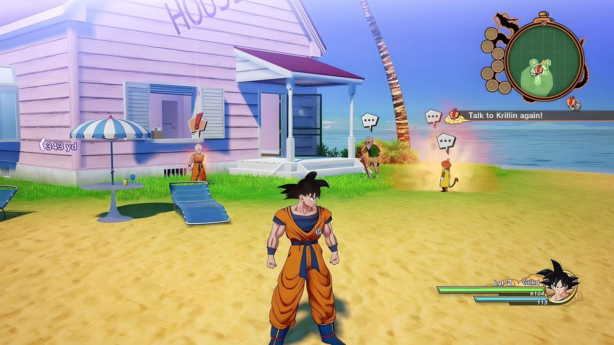 Gameplay scene from DRAGON BALL Z: Kakarot, featuring Goku outside Kame House, where Krillin and Master Roshi are available for interaction. Explore the DBZ universe—get your Steam CD Key at RushGame.co