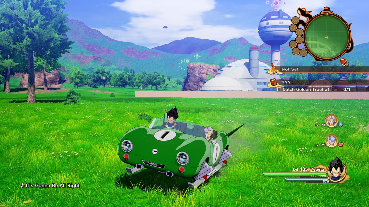 Gameplay image - Vegeta and Trunks riding a futuristic green hover car across the open grasslands, with Capsule Corporation buildings in the background. Explore vast open-world environments in DRAGON BALL Z: Kakarot Legendary Edition, available at RushGame.co