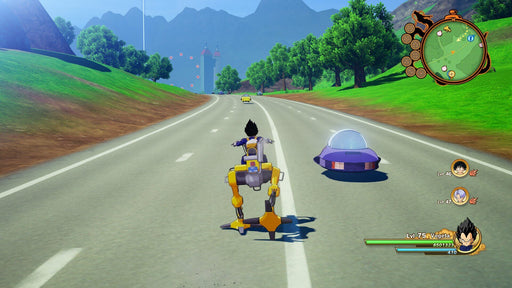 In-game screenshot from Dragon Ball Z: Kakarot, featuring Vegeta riding a futuristic hover bike on an open road with a lush green landscape and distant mountains. The game’s detailed world allows players to explore iconic locations from the Dragon Ball Z universe. Get your Dragon Ball Z: Kakarot PC Steam CD Key now at RushGame.co for instant access!