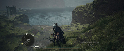 Game screen - A lone archer surveys the breathtaking open world of Dragon’s Dogma 2 from a high cliff, overlooking a fortress by the water. Immerse yourself in this vast fantasy RPG—buy your PC Steam CD Key today at RushGame.co