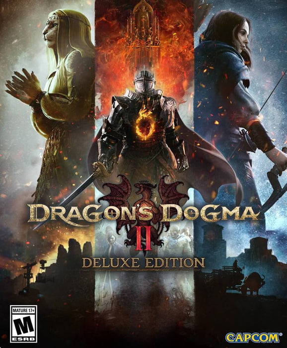 cover art for Dragon's Dogma 2 Deluxe Edition, featuring a powerful armored knight with a fiery heart, a hooded archer, and a mysterious feline-like figure. Get your PC Steam CD Key now at RushGame.co for the ultimate RPG adventure