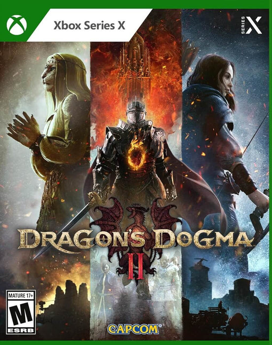 Official cover art of Dragon’s Dogma 2 for Xbox Series X|S, featuring stunning artwork with a warrior engulfed in flames, a feline priest, and a mysterious rogue. Get your digital key instantly at RushGame.co and embark on an epic fantasy RPG adventure!