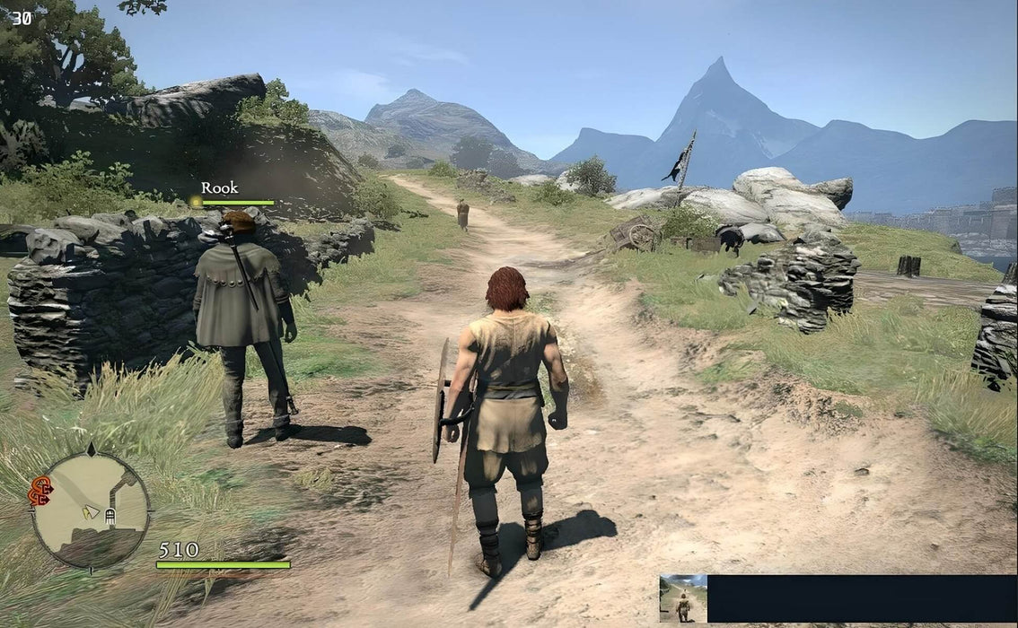 game screenshot - A warrior travels through the vast open world of Dragon’s Dogma: Dark Arisen on PC Steam, accompanied by a pawn companion. Experience dynamic combat and immersive RPG elements. Get your Dragon’s Dogma: Dark Arisen PC Steam CD Key now at RushGame.co!