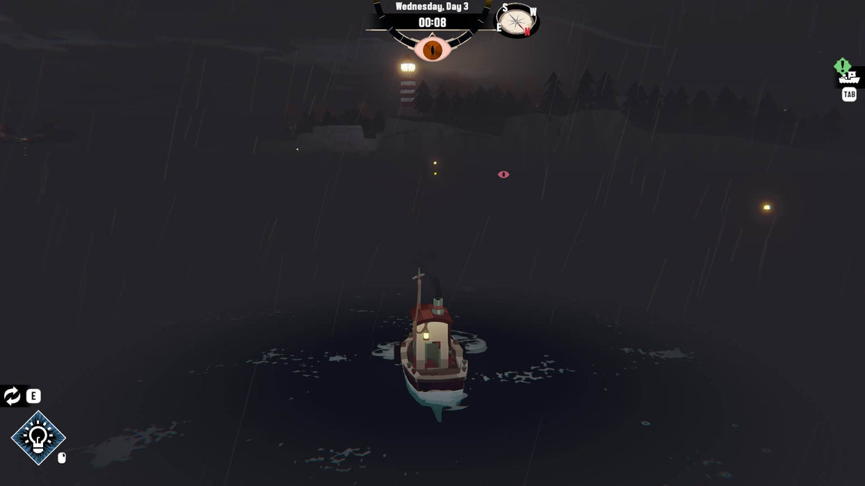 Gameplay screenshot - A lone fishing boat braves the dark waters at midnight in DREDGE on PC Steam, navigating through a storm with eerie glowing eyes in the distance. Experience suspenseful deep-sea exploration. Purchase your digital key instantly at RushGame.co!