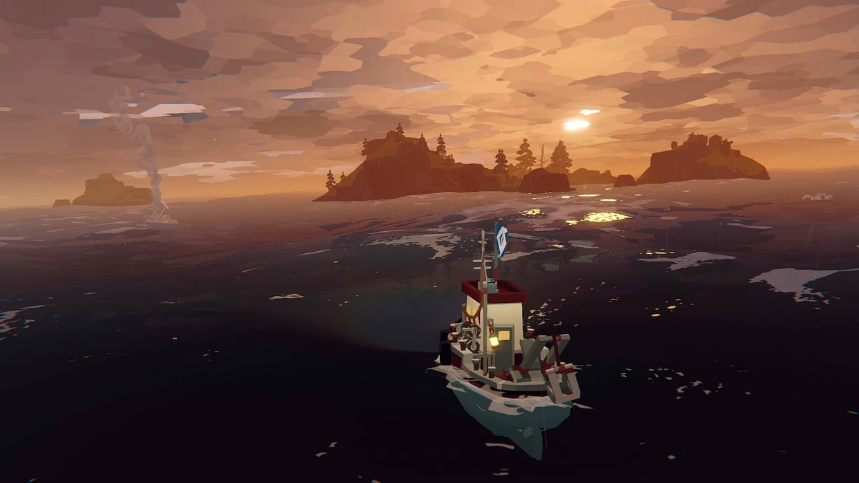 Gameplay screenshot - A fishing boat sails towards a mysterious island at dusk in DREDGE on PC Steam. Uncover hidden horrors beneath the waves in this eerie indie adventure. Get your DREDGE PC Steam CD Key now at RushGame.co!