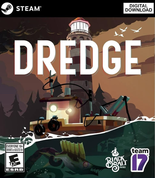 cover art of DREDGE for PC Steam, featuring a fishing boat near a lighthouse with a monstrous fish lurking below. Embark on a dark fishing adventure filled with mystery. Buy your digital key now at RushGame.co!