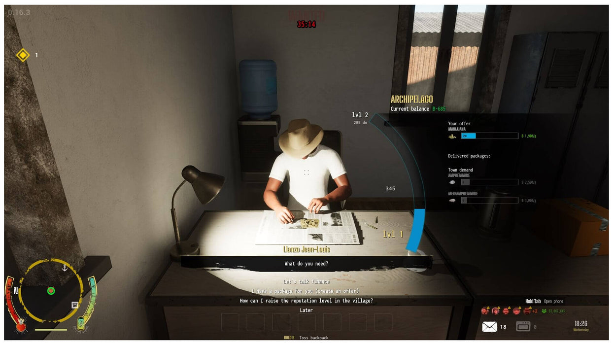 In-game screenshot from Drug Dealer Simulator 2 on PC Steam, showing a deal negotiation scene with a local dealer at a dimly lit desk — buy the Steam CD Key now at RushGame.co for instant access
