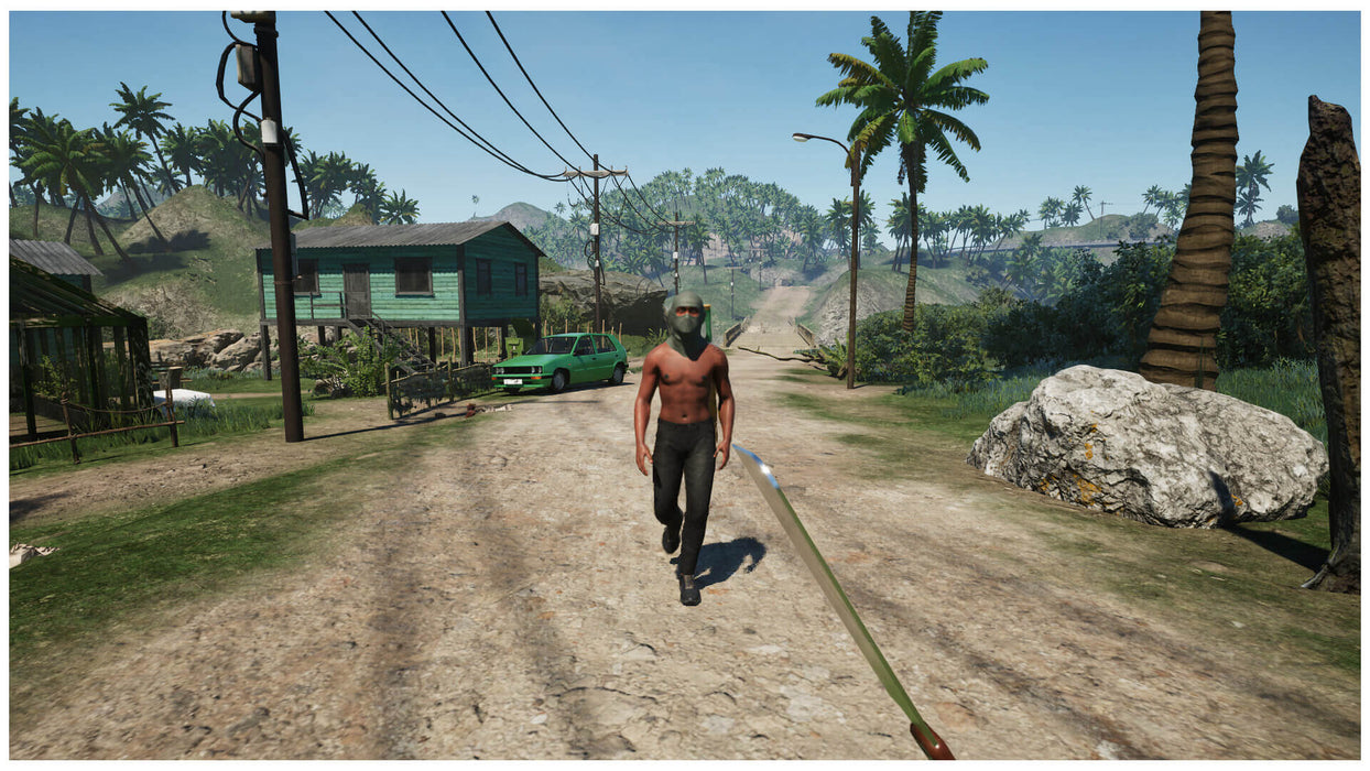 Gameplay scene from Drug Dealer Simulator 2 for PC on Steam, featuring a shirtless masked character walking a rural road — get your digital game key today at RushGame.co