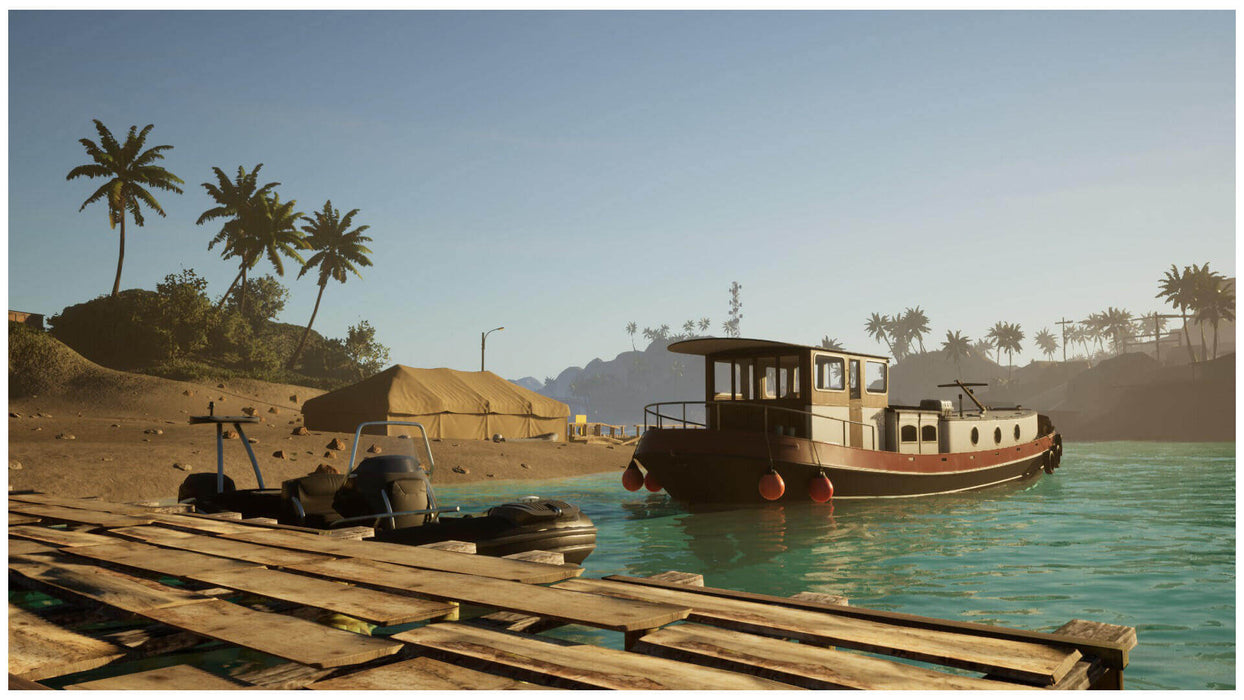 Scenic harbor view from Drug Dealer Simulator 2 Steam version, showing boats docked near a tropical beach — purchase the PC Steam CD Key now at RushGame.co