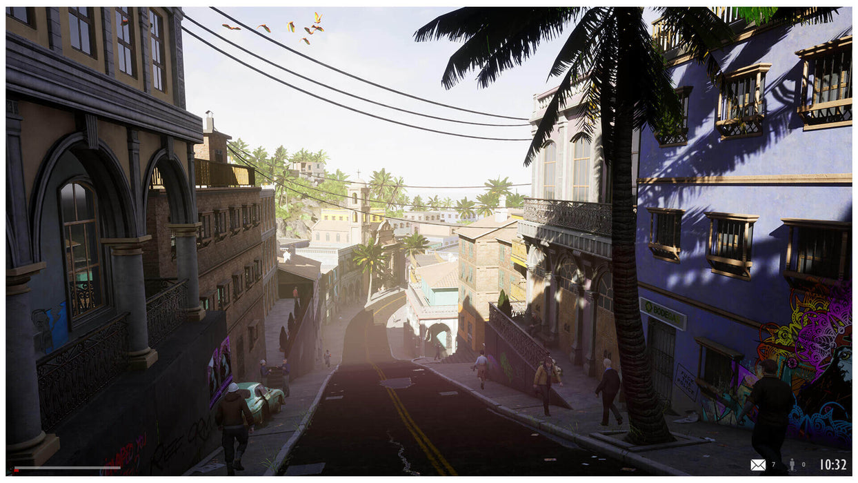 Detailed cityscape from Drug Dealer Simulator 2 on PC Steam, depicting colorful urban architecture and pedestrians — secure your game code instantly at RushGame.co