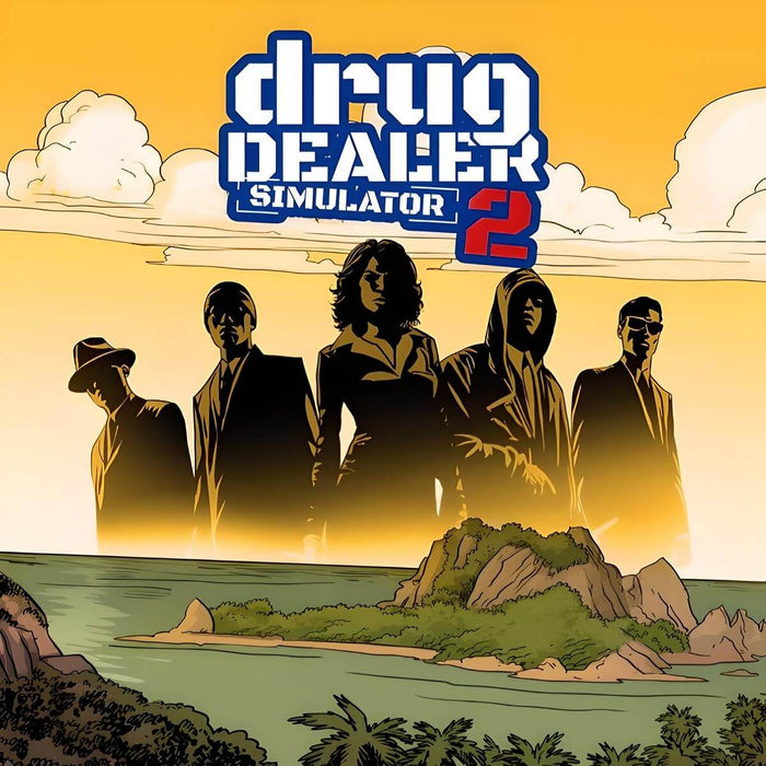 Cover art for Drug Dealer Simulator 2 PC Steam CD Key, featuring a stylized cast of characters over a tropical island backdrop — available for digital download at RushGame.co