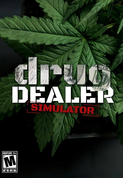 cover art of Drug Dealer Simulator for PC Steam, featuring bold typography over a background of cannabis leaves and dollar bills. Step into a crime-filled open world and test your survival skills. Buy your digital key now at RushGame.co