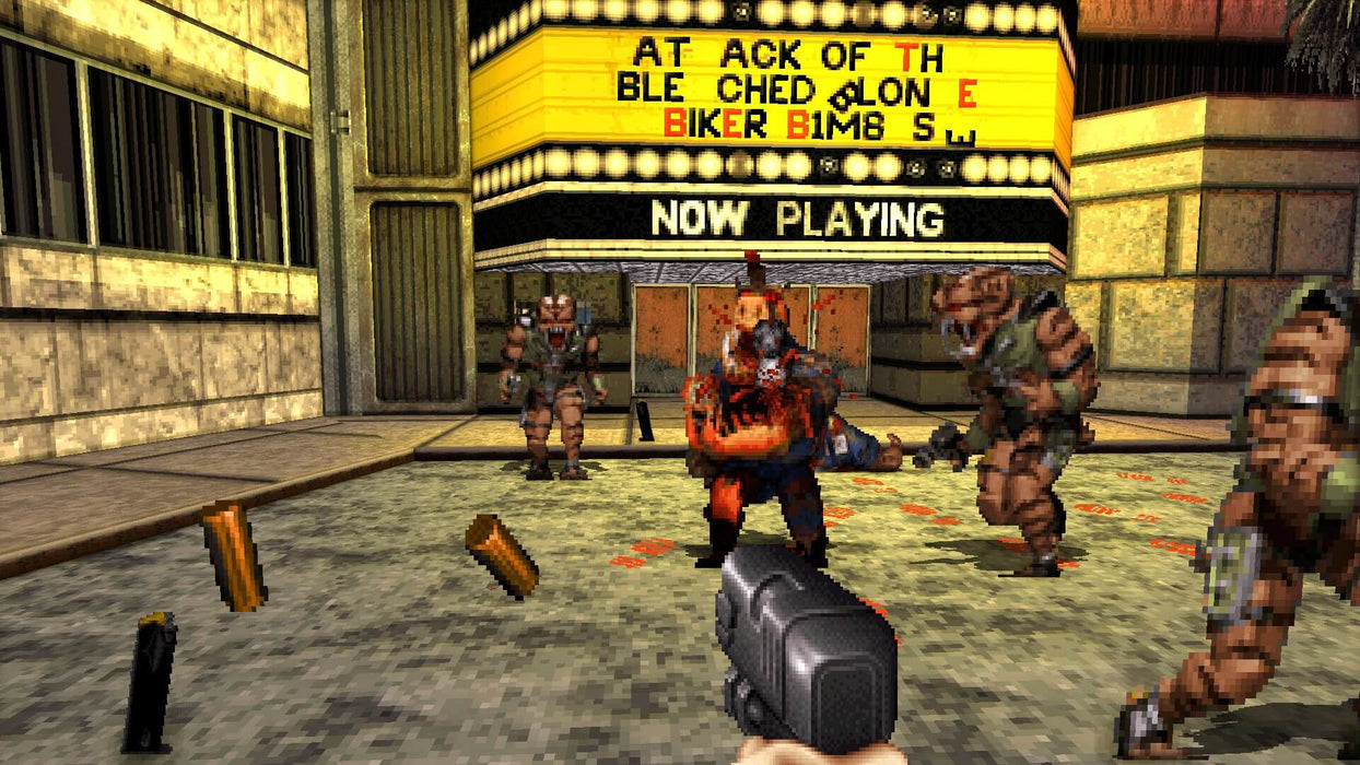 screenshot – city battle with explosions): "Intense firefight in Duke Nukem 3D: 20th Anniversary World Tour on PC Steam, set in a neon-lit urban street where Duke takes on alien invaders with his handgun amidst gunfire and explosions. Secure your Steam CD Key now at RushGame.co