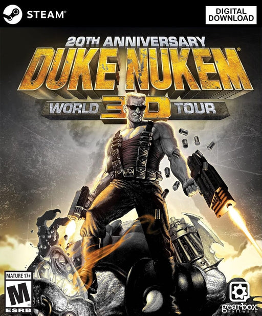 cover art for Duke Nukem 3D: 20th Anniversary World Tour on PC Steam, featuring Duke Nukem standing heroically atop an alien corpse with his iconic sunglasses and dual pistols. Available as a digital download at RushGame.co