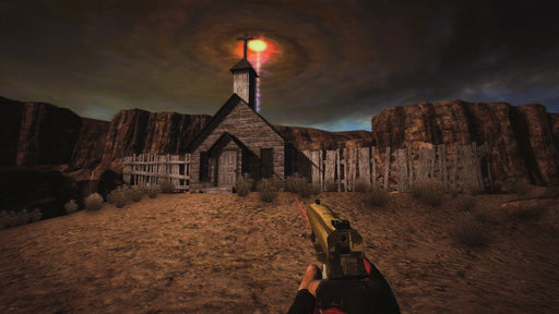 screenshot – eerie church in the desert):
"A dark and atmospheric scene from Duke Nukem Forever on PC Steam, depicting a player aiming a golden pistol at an abandoned church under a foreboding sky. Experience the action—get your digital Steam CD Key now at RushGame.co