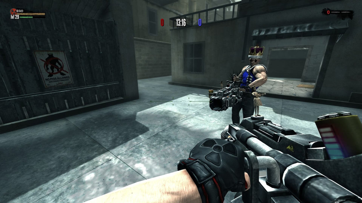 screenshot – multiplayer battle in an urban setting):
"Multiplayer combat in Duke Nukem Forever on PC Steam, featuring an opponent wearing a crown and wielding a heavy weapon while the player aims a futuristic gun in an industrial courtyard. Secure your game key today at RushGame.co