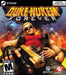 cover art for Duke Nukem Forever on PC Steam, featuring Duke Nukem reclining confidently with a golden pistol in hand while alien invaders wreak havoc in the background. Get your digital game key now at RushGame.co