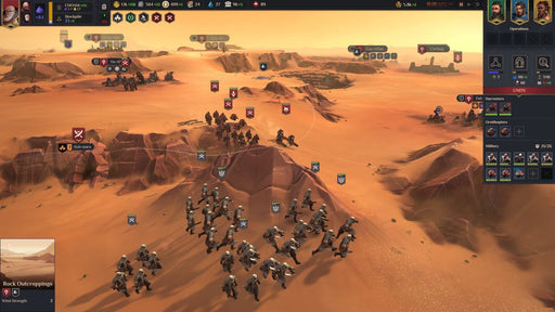 screenshot – large-scale desert battle):
"Tactical combat in Dune: Spice Wars on PC Steam, depicting a large-scale battle between multiple factions in the vast desert of Arrakis, with infantry units advancing across the dunes. Experience strategic warfare—get your digital Steam CD Key at RushGame.co