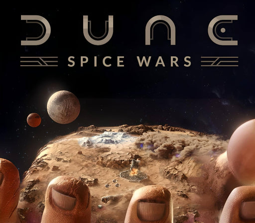 cover art for Dune: Spice Wars on PC Steam, featuring a breathtaking view of Arrakis with vast deserts, rising sandstorms, and the game's title prominently displayed. Get your digital Steam CD Key now at RushGame.co