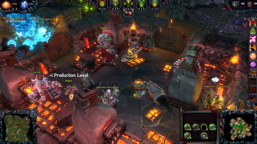 screenshot – battle inside the dungeon):
"Intense dungeon warfare in Dungeons 2 on PC GOG, where powerful creatures engage in combat against glowing blue magical entities in a dark fortress filled with lava-lit floors. Command your dark army—buy your GOG CD Key now at RushGame.co