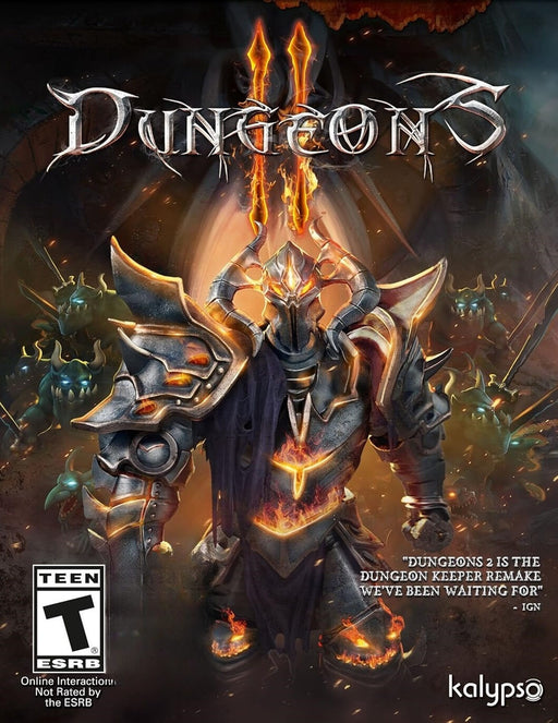 cover art for Dungeons 2 on PC GOG, featuring a menacing dark-armored overlord with glowing fiery elements, surrounded by monstrous minions. Get your digital GOG CD Key now at RushGame.co