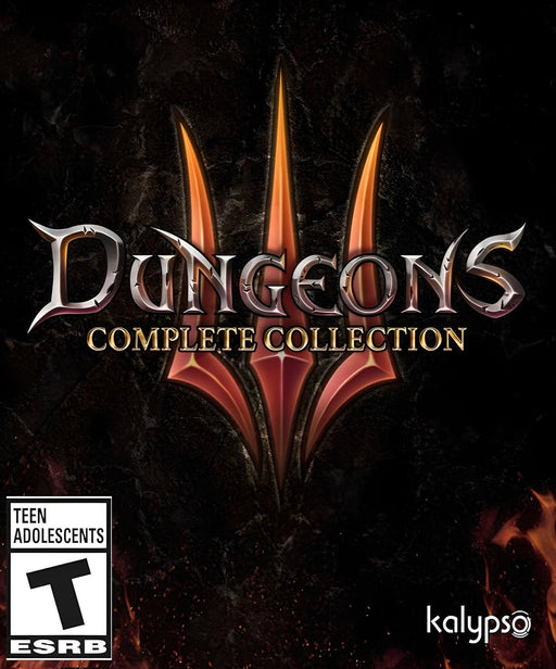 Cover art for Dungeons 3 Complete Collection on PC Steam, featuring the game's dark, fiery logo against a blackened dungeon background. Get your digital Steam CD Key now at RushGame.co