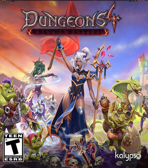 Cover art for Dungeons 4 on PC Steam, featuring a powerful dark elf sorceress leading an army of goblins, orcs, and creatures against a bright fantasy backdrop. Get your digital Steam CD Key now at RushGame.co