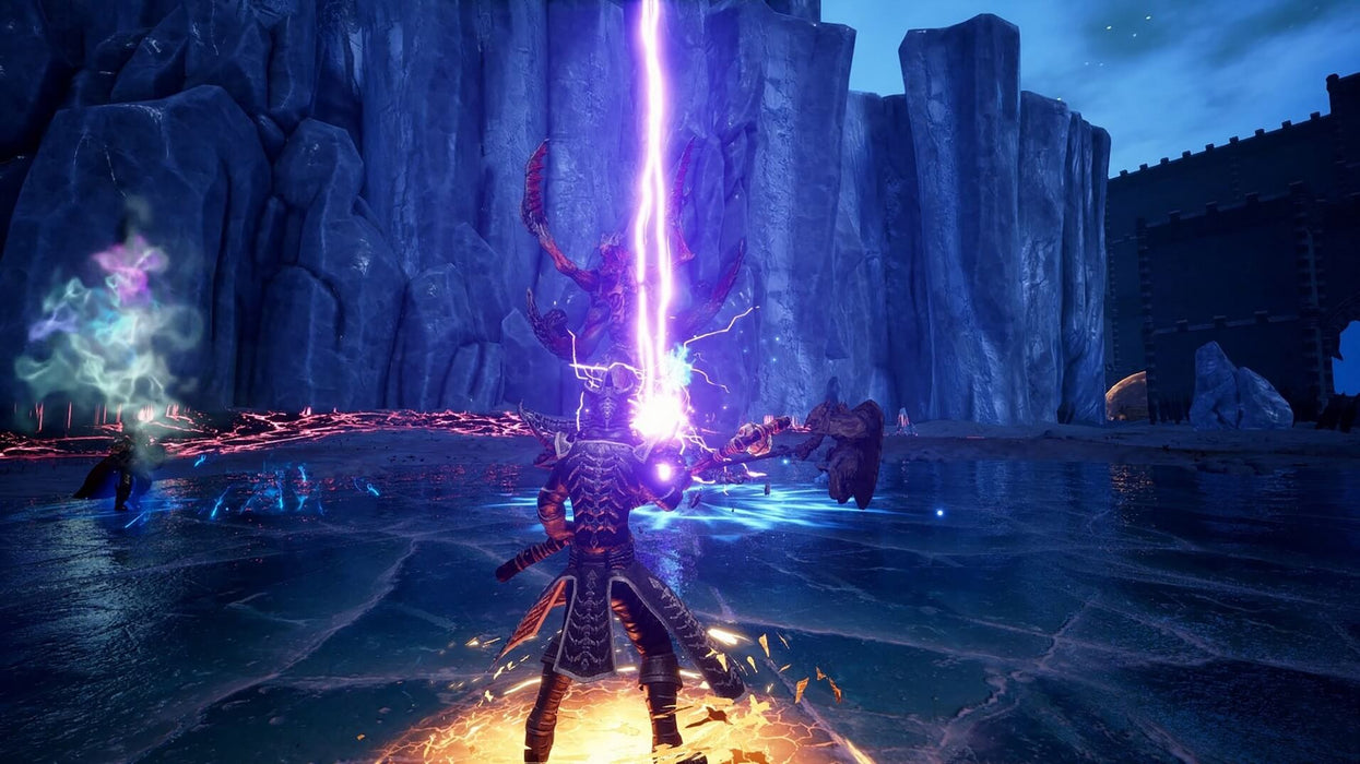 game image - A powerful warrior unleashing a lightning attack against a demonic creature in Dungeons of Sundaria, showcasing dynamic combat. Get your game key at RushGame.co