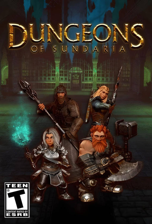 The cover for Dungeons of Sundaria, featuring four diverse adventurers preparing for an epic dungeon crawl. Buy your Steam CD Key instantly at RushGame.co