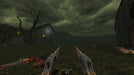 A chilling screenshot from DUSK on PC (Steam) featuring a spooky farmstead under a stormy sky. The player's dual shotguns are ready as eerie enemies lurk in the shadows, evoking the essence of classic horror FPS games. Buy DUSK PC Steam CD Key at RushGame.co for an instant download!