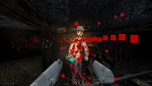 Screenshot from DUSK on PC (Steam) showcasing a pixelated horror FPS combat scene. The player dual-wields pistols while facing a terrifying skeletal enemy in a dark underground tunnel, with retro-styled gore effects. Buy DUSK PC Steam CD Key instantly at RushGame.co and relive classic FPS action