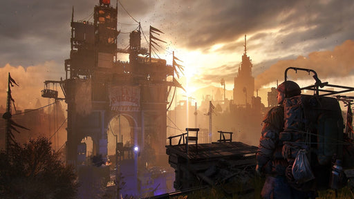 Gameplay screenshot - Stunning post-apocalyptic cityscape at sunset in Dying Light 2: Reloaded Edition on PC Steam. A lone survivor overlooks a towering fortress with makeshift defenses and banners, setting the tone for immersive open-world exploration. Buy your Dying Light 2 Reloaded PC Steam CD Key today at RushGame.co!