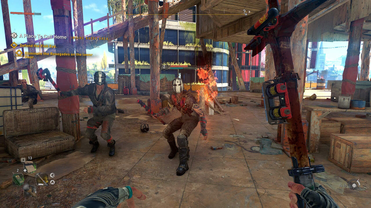 Game image - Brutal melee fight in Dying Light 2: Reloaded Edition on PC Steam. The player faces masked enemies in a ruined wooden structure, wielding an electrified melee weapon while engaging in high-speed combat. Experience adrenaline-fueled action—get your Dying Light 2 Reloaded PC Steam key instantly at RushGame.co