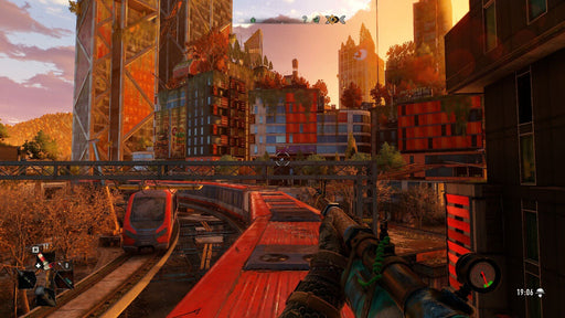 Gameplay screenshot - High-speed action in Dying Light 2: Stay Human on PC Steam as the player traverses the city atop a metro train. The lushly overgrown skyscrapers, red sunset, and vibrant colors showcase the game's stunning open-world design. Buy your Dying Light 2 PC Steam CD Key instantly at RushGame.co!