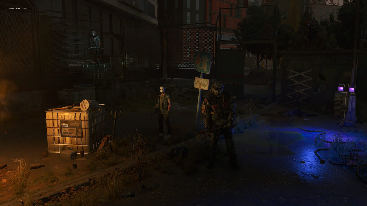Gameplay screenshot - Tense nighttime encounter in Dying Light 2: Stay Human on PC Steam. Masked enemies armed with melee weapons patrol a dimly lit urban street, highlighting the game’s stealth and survival mechanics. Get your Dying Light 2 PC Steam key now at RushGame.co