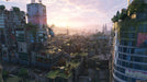 Gameplay image - A stunning panoramic view of the post-apocalyptic city in Dying Light 2: Stay Human on PC Steam. Overgrown skyscrapers, wind turbines, and a warm sunset create an immersive open-world experience. Buy your Dying Light 2 PC Steam CD Key now at RushGame.co for instant digital download!