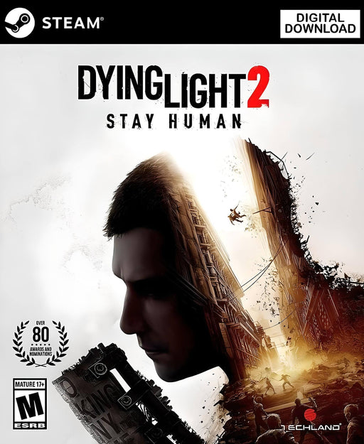 cover art for Dying Light 2: Stay Human on PC Steam, featuring a striking design of the protagonist’s silhouette blending into a collapsing city filled with chaos and infected. This open-world action RPG delivers intense parkour combat. Buy your Dying Light 2 PC Steam key instantly at RushGame.co!