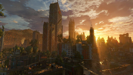 Gameplay screen - Breathtaking sunset over a ruined city in Dying Light 2: Stay Human on Xbox One. The towering skyscrapers, overgrown rooftops, and golden light create an immersive open-world setting. Get your Dying Light 2 Xbox One CD Key US now at RushGame.co!