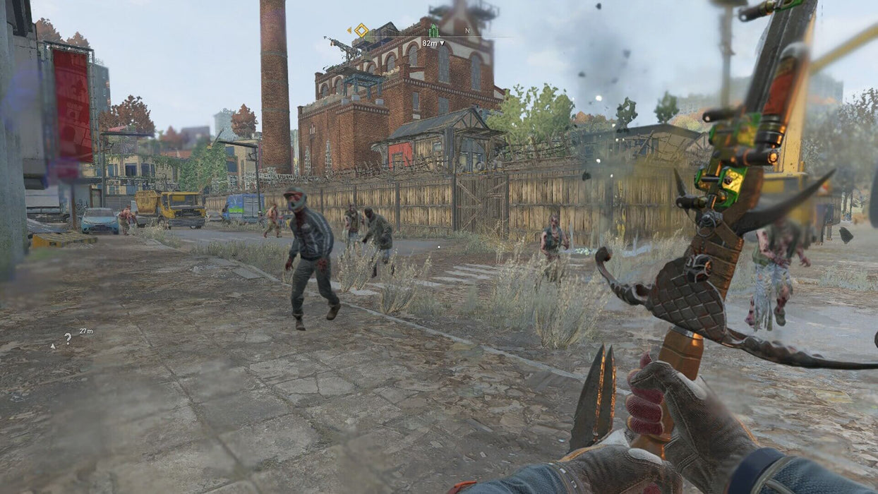Gameplay screenshot - Intense first-person melee combat in Dying Light 2: Stay Human on Xbox One. The player wields a heavily modified weapon while facing a horde of infected in a post-apocalyptic cityscape. Buy your Dying Light 2 Xbox One CD Key US instantly at RushGame.co
