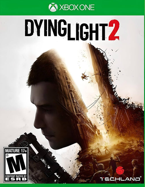 Official cover art for Dying Light 2: Stay Human on Xbox One, featuring the protagonist’s silhouette merging with a collapsing city in chaos. This open-world RPG blends intense parkour action with zombie survival. Instantly buy your Dying Light 2 Xbox One CD Key US at RushGame.co!